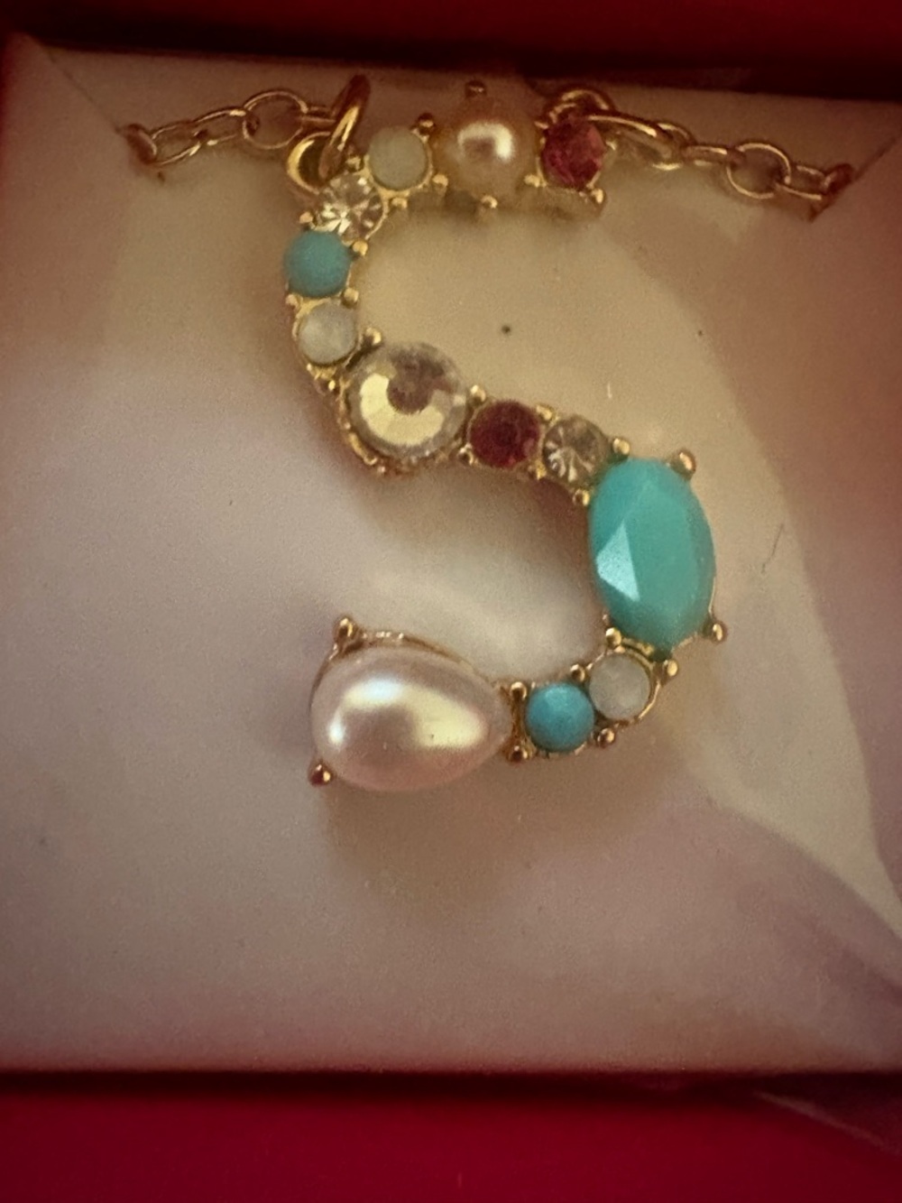 Studio Gold 'S' Pendant Necklace with Turquoise, Pearl and Red Accents